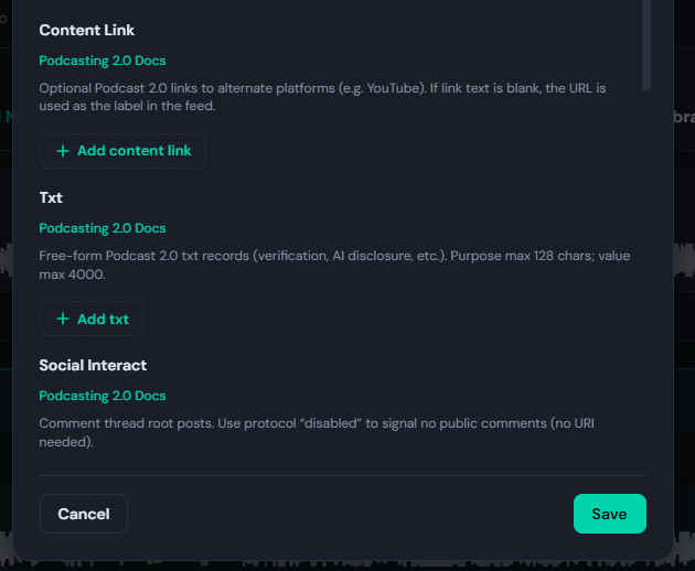 Episode details Podcast 2.0 metadata editors