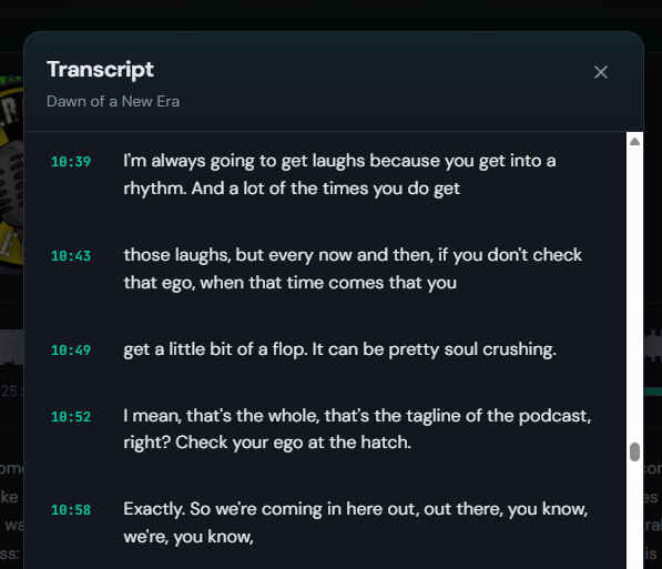 Transcript dialog on the public episode feed